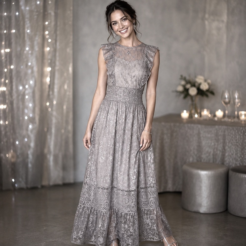 NWT Sundance Faythe Lace Sheer Maxi Dress Silver Grey M Coquette 
Fairy Boho